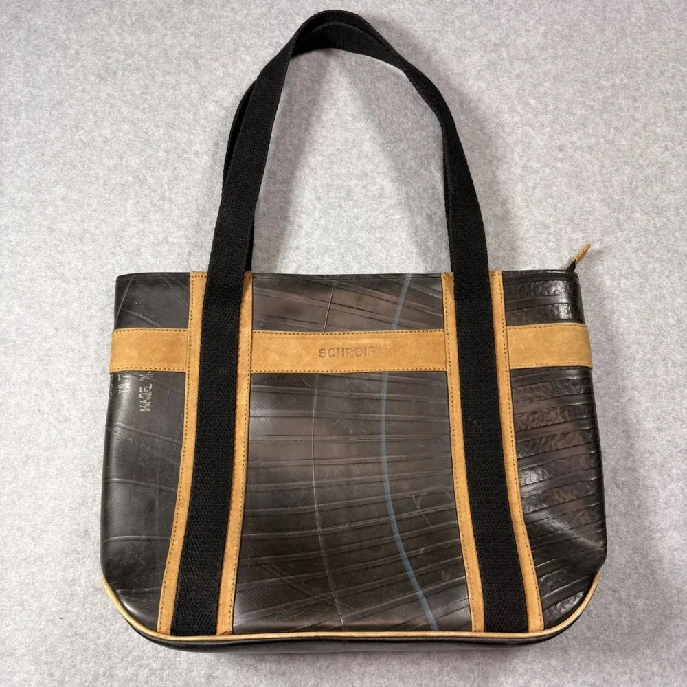 Schreif Recycled Tire Inner Tube Suede Tote Bag Black Tan Plaid Lining Eco Bag